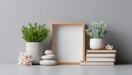 Minimalist decor with plants, books, and a blank frame on a neutral background, creating a calm and stylish interior arrangement.