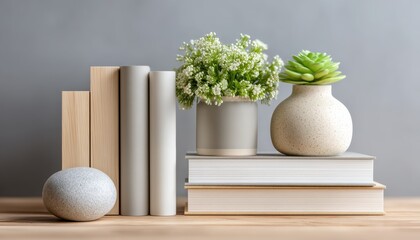 Minimalist arrangement of books, potted plants, and smooth stones on a wooden surface with a neutral background.