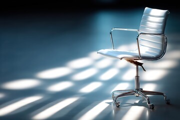 A modern office chair sits empty in a sunlit room, casting shadows on the floor.