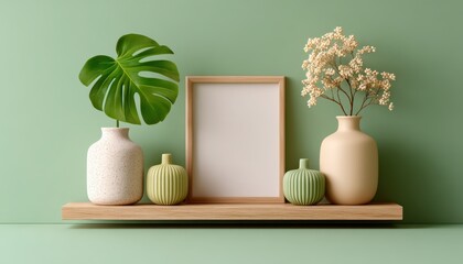 Minimalist shelf decor with vases, green plants, ceramic pumpkins, and an empty frame against a pastel green wall.