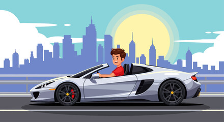 Young Man Driving Silver Convertible Sports Car on City Bridge at Sunny Day
