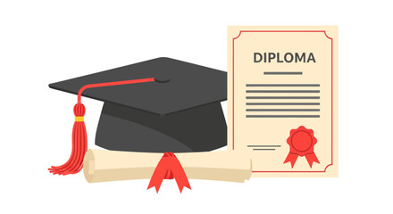 Graduation Cap with Red Tassel Diploma Scroll and Certificate on White Background
