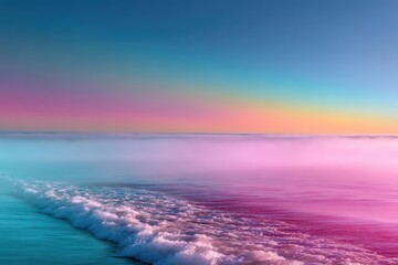 A vibrant, colorful seascape with waves under a dreamy pink, purple, and blue sky at sunrise or sunset.