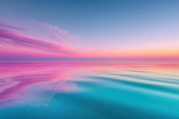 Calm pastel ocean scene with smooth waves and a vibrant pink and blue sunset sky.