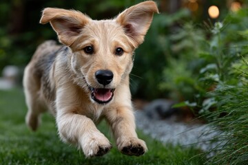 An adorable golden puppy is seen leaping through the air in a garden, showcasing pure joy and playfulness, symbolizing the cheerful spirit and innocence of youth.