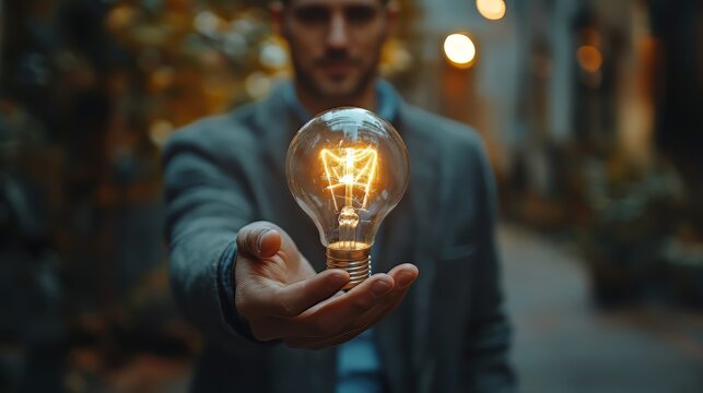 Automation and business workflow optimization concept: Businessman holding light bulb with gear icon for automation software technology process system.