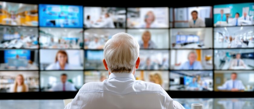 An older man attends a large virtual meeting, facing multiple video call screens filled with remote participants.
