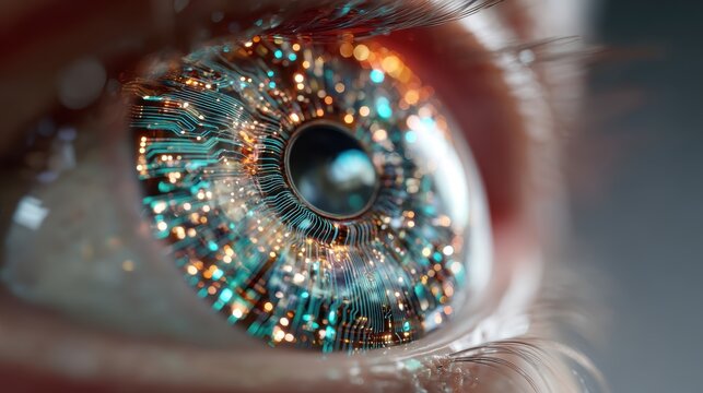 A human eye with a futuristic, digital circuit pattern reflecting advanced technology and artificial intelligence.