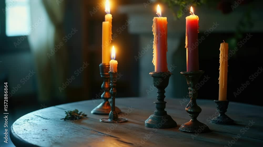 Poster a table with lit candles creating a warm and inviting atmosphere.