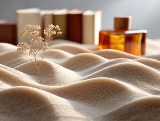 Dried flowers in wavy sand with blurred books and a perfume bottle in the background, creating a serene, artistic scene.