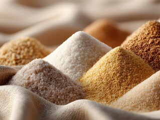 Various types of sugar and grains are arranged in small pyramid-shaped piles on a soft, textured fabric background.