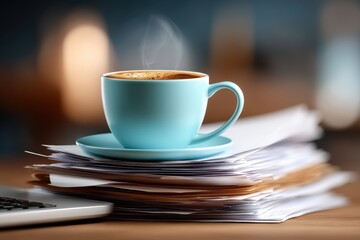 A blue coffee cup sits atop a stack of paperwork next to a laptop, suggesting a busy work or study environment.