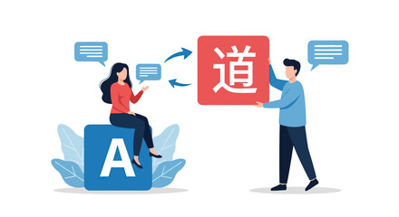 Man and Woman Communicating with Language Translation Concept on White Background
