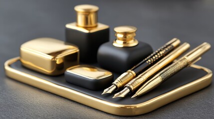 Luxurious gold and black fountain pens and ink bottles arranged elegantly on a matching tray.