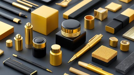 Luxurious gold and black stationery items, pens, and desk accessories arranged neatly on a dark background.