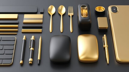 Sleek black and gold office supplies and gadgets arranged neatly on a dark surface, showcasing luxury and modern style.