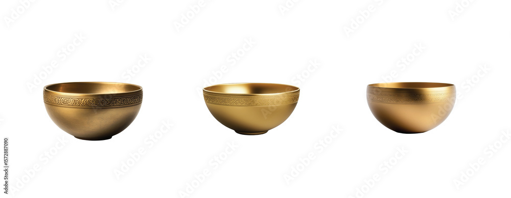 Poster three elegant golden bowls with detailed patterns on smooth surfaces captured in a simple arrangemen