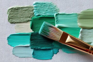A paintbrush with green and blue acrylic colors is placed on a canvas with textured paint swatches.