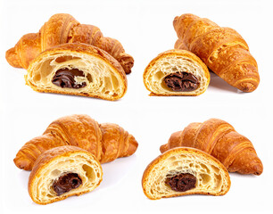 half of croissant with chocolate paste inside near a whole croissant, isolated on a white background