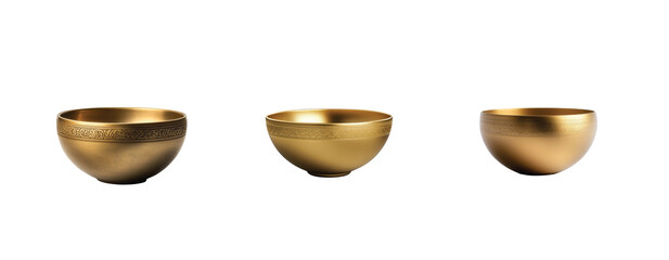 Three elegant golden bowls with detailed patterns on smooth surfaces captured in a simple arrangement