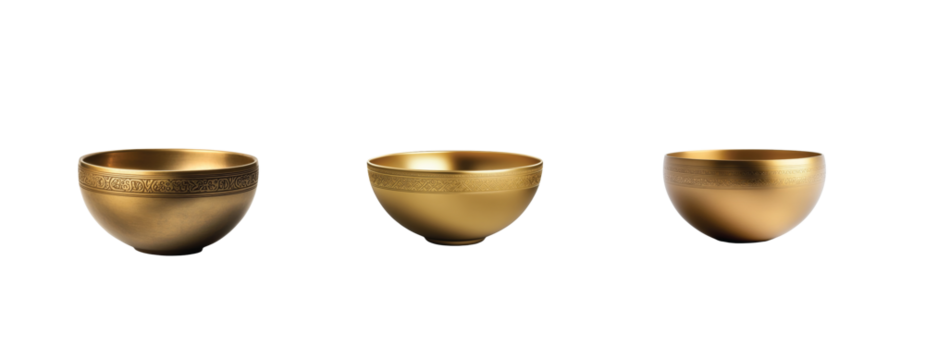 Three elegant golden bowls with detailed patterns on smooth surfaces captured in a simple arrangement