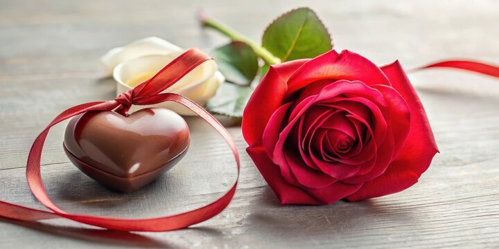 A delicate red rose with a single white heart-shaped chocolate on its velvety petals, tied with a thin ribbon in soft pink hue , heart shaped, ribbon - Powered by Adobe
