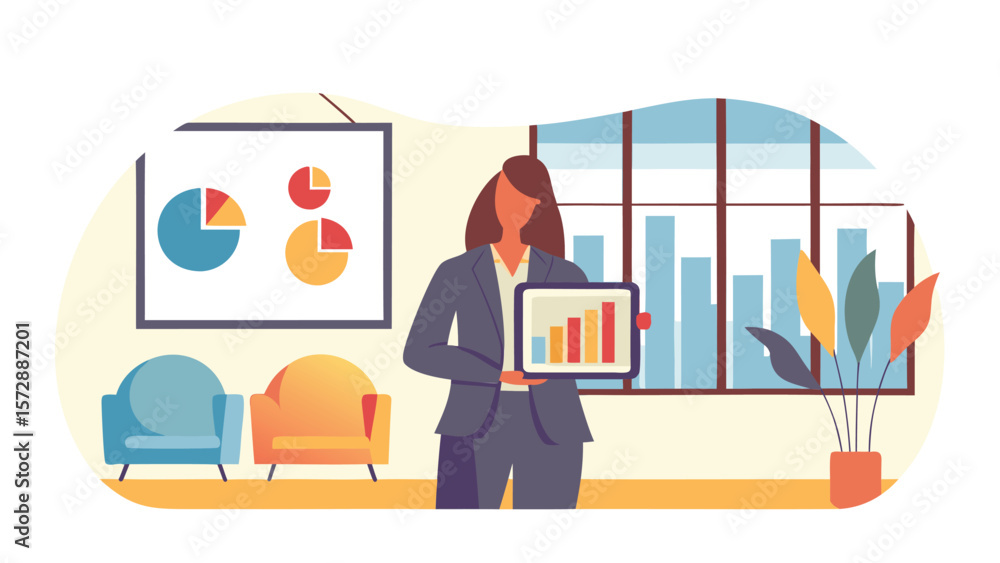 Poster businesswoman presenting data on a tablet with pie charts and bar graphs in a modern office setting