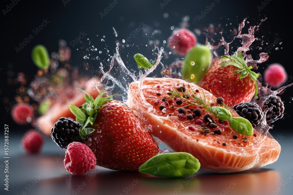 Poster fresh salmon with berries and herbs creating a vibrant splash in a dark setting
