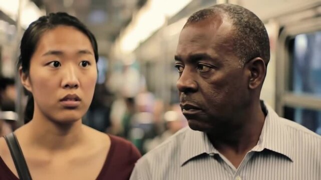 Two strangers meet eyes on a crowded subway, soft focus background, tension and curiosity in their expressions"