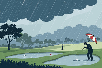 Rainy golf day with puddles forming near the clubhouse.