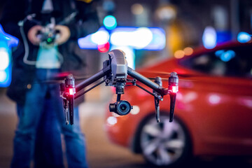 Drone lands on the street flying around city
