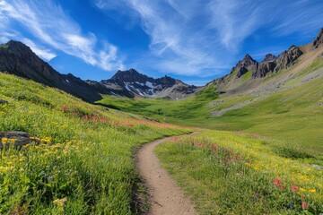 A mountain trail winds through a colorful meadow.
