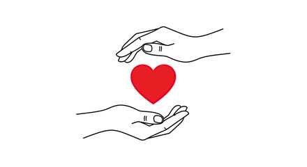Red Heart Symbol Held by Minimalist Black Line Hands on White Background
