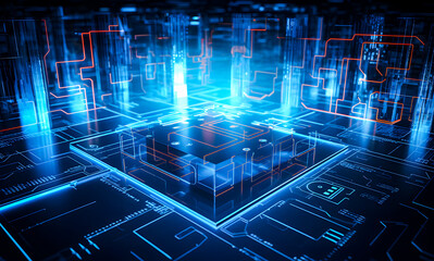 Futuristic glowing microchip with digital circuit board background. Blue neon technology concept for AI, computing, innovation, and high-tech infrastructure visuals