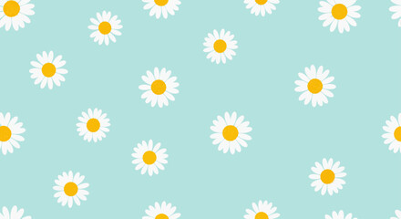 White Daisy Flower Pattern with Yellow Centers on Light Blue Background
