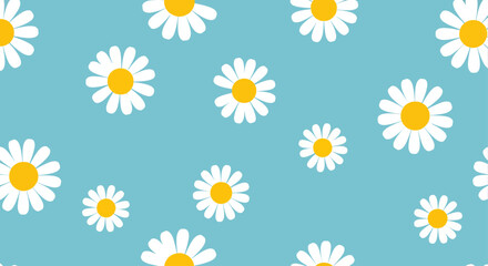 White Daisy Flowers with Yellow Centers on Light Blue Background Pattern
