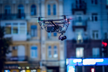 Drone lands on the street flying around city