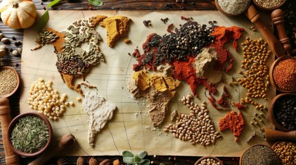 A culinary world map crafted from herbs, spices, and seeds celebrating global flavors and diversity