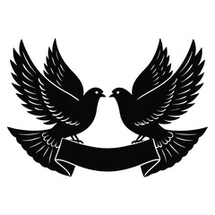 Elegant silhouette of two doves flying together holding a ribbon or banner for celebrations