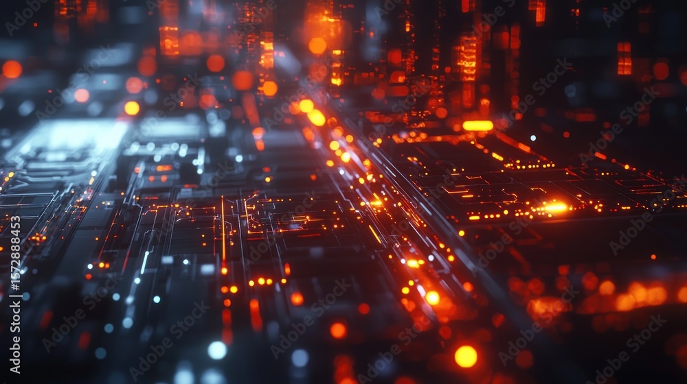 Poster abstract futuristic circuit board: glowing neon lines and nodes
