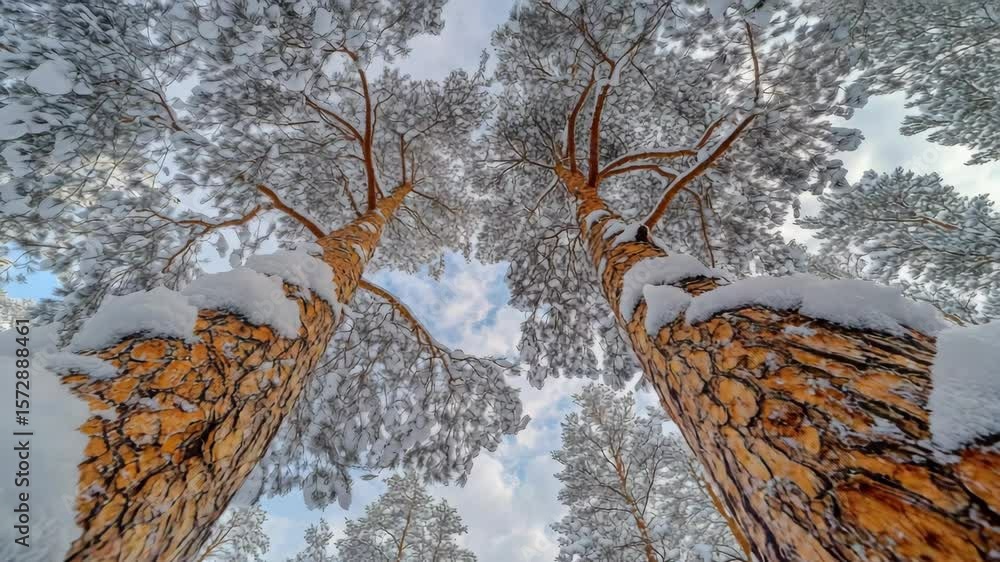 Poster two trees with snow on them. one is taller than the other. the snow is covering the branches and the