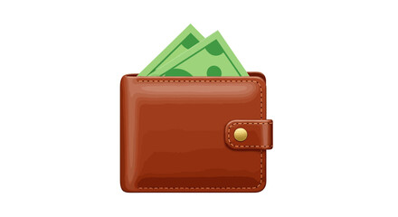 Brown Leather Wallet with Green Paper Money on White Background
