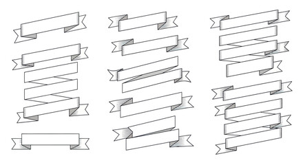 Set of Vintage Hand Drawn Black and White Ribbon Banners in Different Styles
