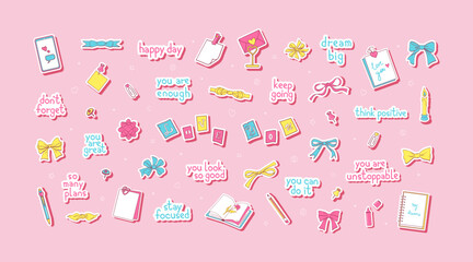 Romance stationery, bows. Hand drawn cute stickers and motivation, for diary, social media, surface
