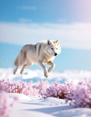 A playful white dog leaps joyfully into the air, its fur glistening in the sunlight, with a backdrop of green grass and a clear blue sky.
