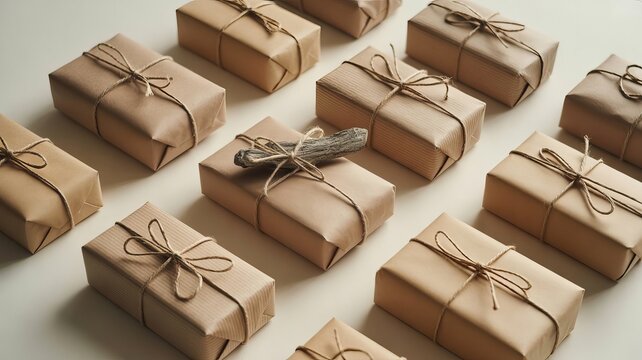 Rustic gifts wrapped in kraft paper tied with twine