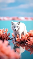 A graceful white fox stands amidst a vibrant array of colorful wildflowers, its fur glistening in the sunlight, creating a serene and enchanting scene.