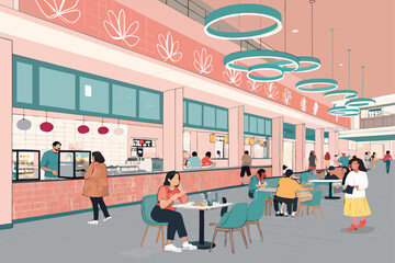Vector illustration of a bustling shopping mall food court.