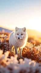 A graceful white fox stands amidst a vibrant array of colorful wildflowers, its fur glistening in the sunlight, creating a serene and enchanting scene.