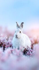 A fluffy white rabbit sits gracefully among a vibrant array of colorful flowers, its soft fur contrasting beautifully with the vivid petals surrounding it.